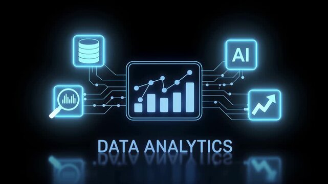 Data Analytics: A futuristic representation of data analytics, featuring glowing icons representing data, AI, charts, and analysis, set against a dark backdrop.