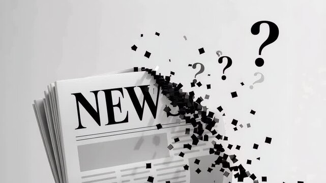 Mysteries Unveiled: A newspaper, the carrier of 'NEW' information, disintegrates into particles and question marks, suggesting the questioning and evolving nature of news.
