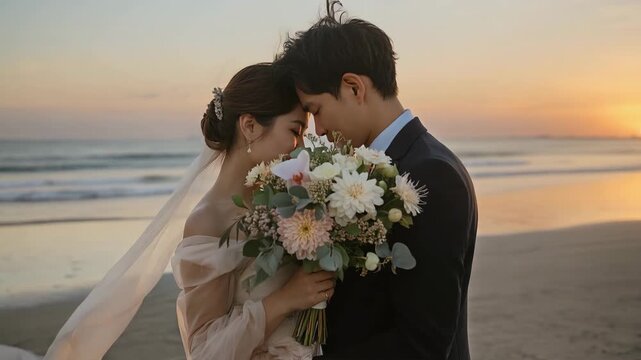 夕焼けの海辺で花束越しにキスを交わす日本人新郎新婦