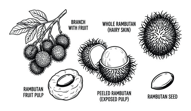Rambutan fruit botanical illustrations set including peeled fruit and seeds vector