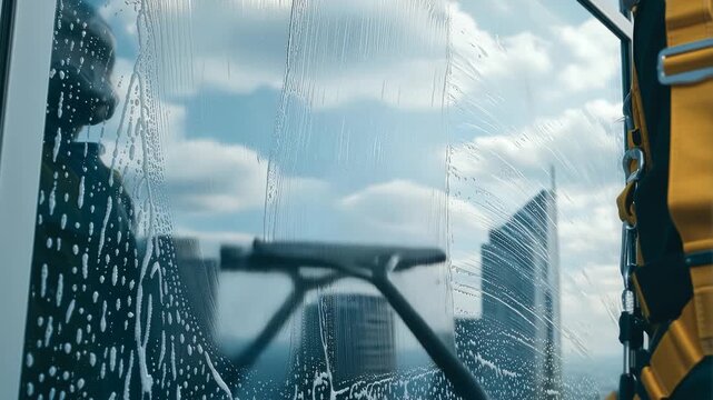 Professional window cleaner wearing safety harness diligently scrubs the soapy exterior glass of a skyscraper revealing a sunny cityscape view below.
