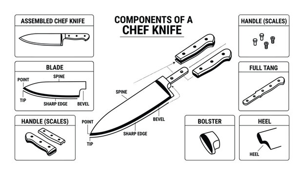 Components of a chef knife vector illustration with assembled blade handle full tang bolster heel point tip spine sharp edge and bevel elements