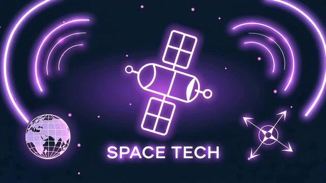 Space Tech: A neon-style illustration of a satellite transmitting signals, showcasing the wonders of space technology. 