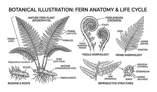 Botanical illustration of fern anatomy and life cycle showing mature plant frond and reproductive sori