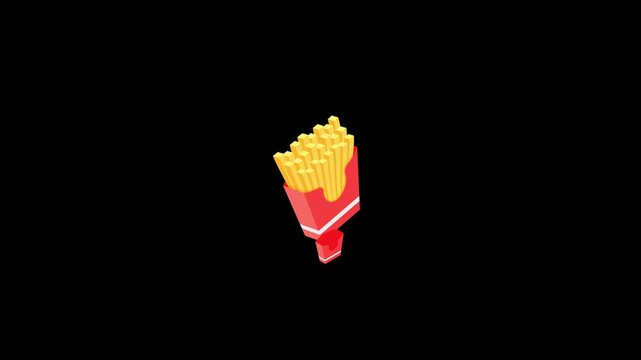 Isometric pixel art representation of classic french fries in a red cardboard serving container isolated on black.