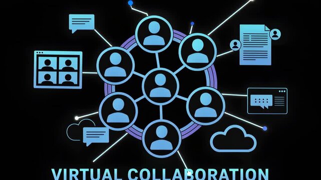 Virtual Collaboration Network: Illustrates the concept of remote teamwork with connected icons, symbolizing seamless communication and idea exchange.