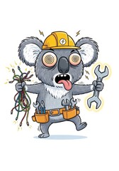 Fototapeta premium Shocked koala electrician holding electric cables and wrench. Cartoon character wearing hard hat with tool belt. Funny animal mascot showing electrical accident and professional risk.