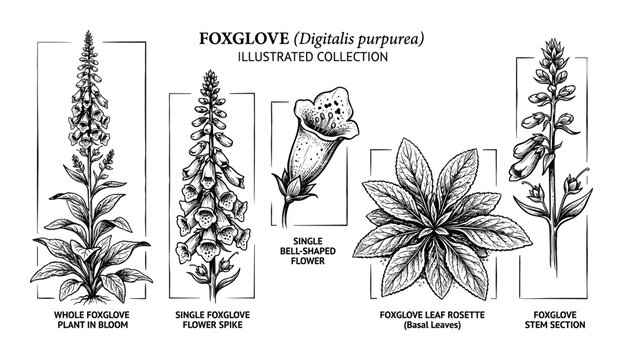 Foxglove plant illustration collection, bell shaped flower and leaf rosette