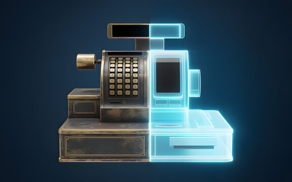 A vintage cash register transitions into a modern digital terminal, symbolizing technological evolution in retail transactions.