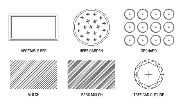 Garden elements top view vegetable bed herb garden orchard mulch bark mulch and tree cad outline symbols for landscape design plans