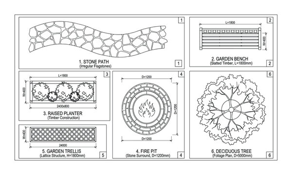 Garden layout plan with detailed measurements for bench planter fire pit and tree
