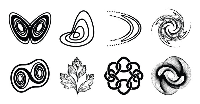 Collection of mathematical fractals lorenz attractor and chaos theory icons in black