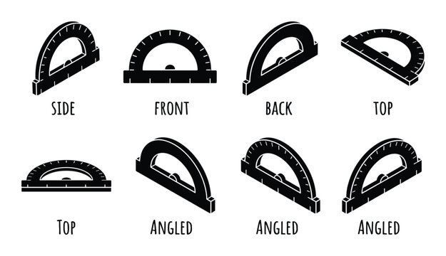 Mathematical protractor icons collection in various perspective angles and flat orientations