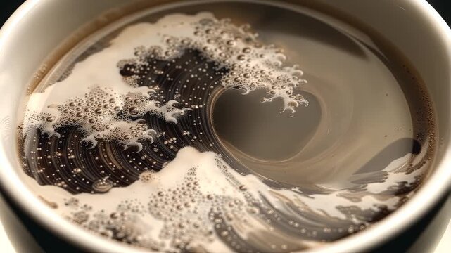 Abstract close up of dark coffee swirling with cream creating a foamy artistic wave pattern resembling famous Japanese woodblock prints in a ceramic mug.