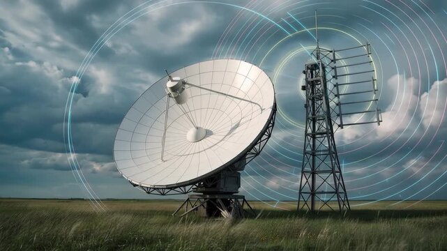 Communications Array: A grand satellite dish and antenna tower stand as sentinels of modern communication, reaching for the sky amidst a picturesque landscape.