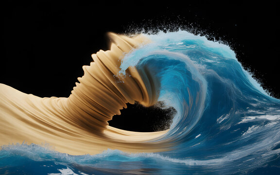 Wave of powerful blue ocean water dramatically crashes and merges with an equally dynamic wave formed from golden-brown sand, creating a striking elemental contrast on a dark background.