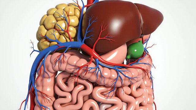 Human Digestive System 3D Rendering Showing Liver Gallbladder Stomach and Intestines