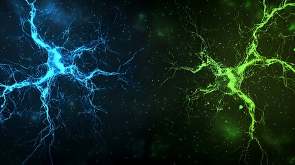 Fototapeta premium Two Glowing Neural Clusters Connecting in Blue and Green, Brain Synapse and Artificial Intelligence Neural Network Concept for Science
