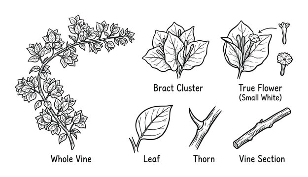 Bougainvillea plant botanical elements including bract cluster true flower and thorny vine section