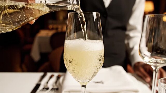 A server pours sparkling beverage into a wine glass at a formal dining