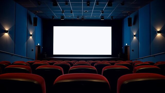 Empty modern movie theater auditorium with rows of plush red seating facing a large bright white projection screen awaiting the premiere showtime experience