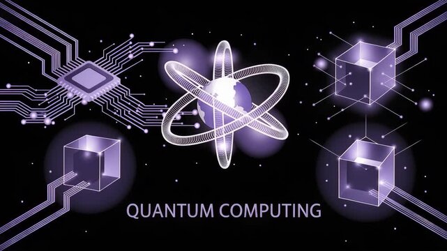 Quantum Computing and Digital Innovation: Explore the cutting-edge of quantum computing, showcasing intricate networks, luminous circuit boards, and the atomic structure.