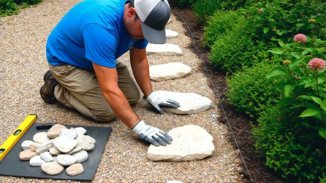 Dedicated landscaper wearing protective gloves and a cap carefully places irregularly shaped natural stepping stones into a gravel pathway border amidst lush green garden shrubbery.