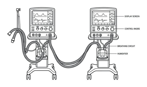 Medical ventilator machine for intensive care unit respiratory support line art illustration