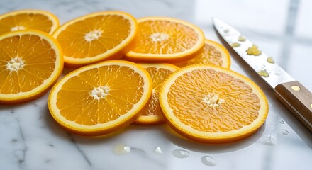 Fototapeta premium Freshly sliced bright orange citrus fruit rounds resting near a sharp silver kitchen knife