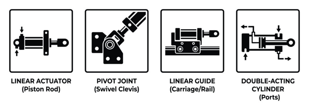 Set of industrial linear actuators and cylinders with pivot joint and carriage guide
