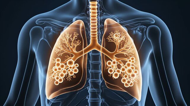 Human Respiratory System 3D Animation Showing Lungs with Alveoli Structure and Bronchial Tree in Torso Anatomy
