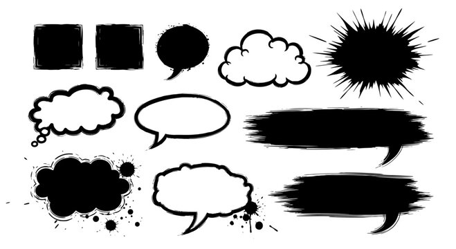 Collection of various black and white speech bubbles and ink splatters.