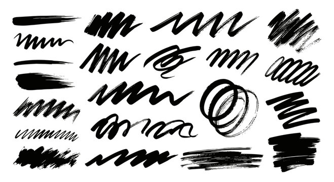 Collection of various black ink brush strokes and scribbles.