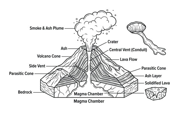 Detailed diagram of volcano cross section with labeled parts