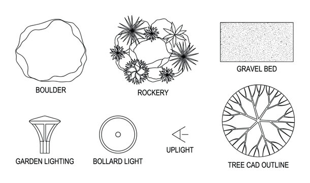 Set of landscape CAD outline symbols including boulder, rockery, gravel bed, garden lighting, bollard light, uplight, tree outline