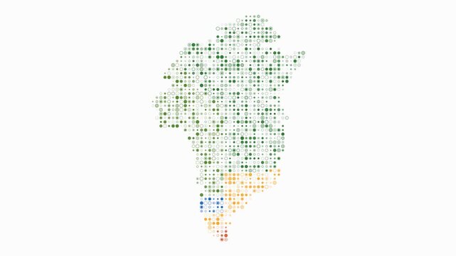 Greenland map animation. Shape of the country with pulsating colored dots. Small size circle blocks. Digital style Greenland map on white background. Plain video.