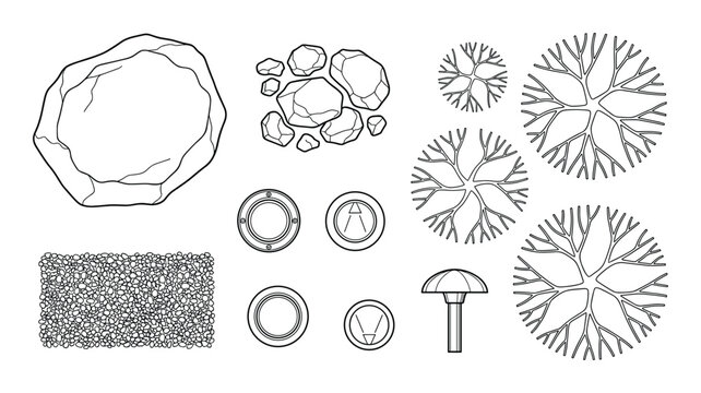 Collection of landscaping symbols and outdoor feature top down drawings