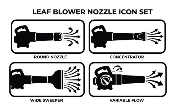 Leaf blower nozzle icon set showing round concentrator wide sweeper and variable flow types