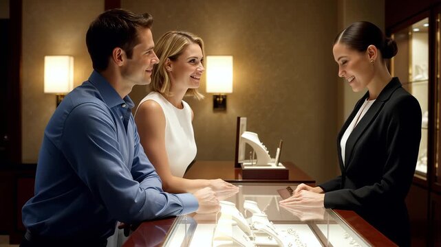 A smiling couple is attentively browsing a luxurious jewelry display case, diligently seeking the perfect engagement ring or special gift, while a professional female sales associate provides expert