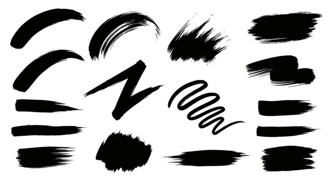 Dynamic collection of black ink brush strokes and artistic paint swatches.