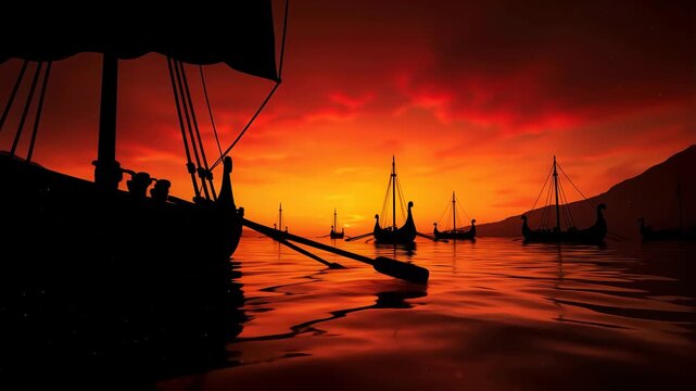 A fleet of ancient viking longships sails across calm water under a dramatic and intensely fiery orange and red sunset sky during their perilous journey.