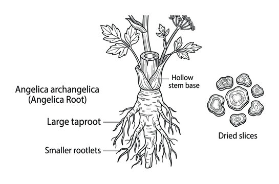 Angelica archangelica botanical illustration showing root structure and dried slices of medicinal plant
