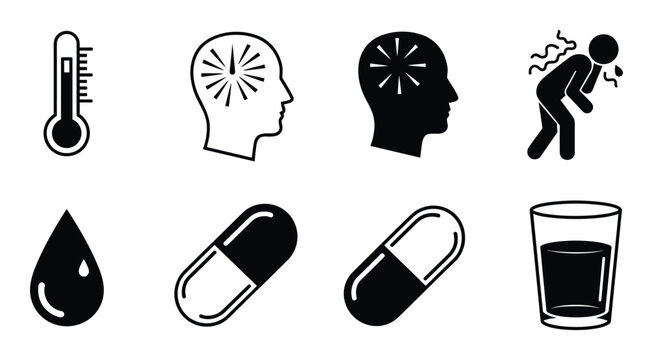 Fever and headache symptoms icons with medication capsules and liquid hydration symbols