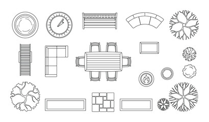 Obraz premium Top view outline icons of outdoor furniture seating and plants for landscape design