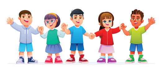 Fototapeta premium Diverse group of happy young boys and girls holding hands standing in a row. Vector cartoon character illustration