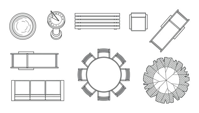 Top view outline icons of outdoor furniture seating and plants for landscape design