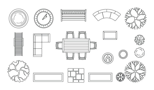 Top view outline icons of outdoor furniture seating and plants for landscape design