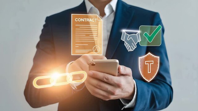 Smart Contract Assurance: A modern professional in a tailored suit confidently navigates the digital realm of smart contracts, examining security elements, as they secure transactions.