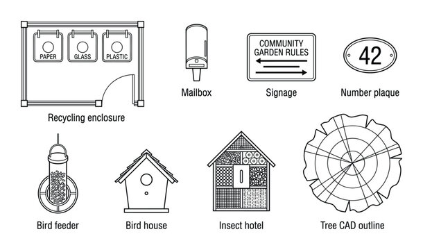 Outline set of outdoor garden elements top view, nature infrastructure, recycling, mailbox, signage, tree