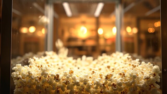 Warm, fluffy, and golden kernels of freshly popped popcorn continuously overflowing from a classic concession machine, creating an inviting aroma and a delightful snack perfect for cinema
